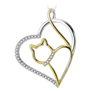 Prachtige 18k gouden kat in een zilveren hart met Zirkonia steentjes in hals en hart