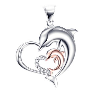 Zilveren hart met een zirkonia hartje met twee dolfijnen