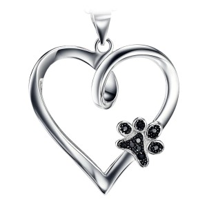 Silbernes Herz mit Hundepfote mit schwarzen Zirkoniasteinen