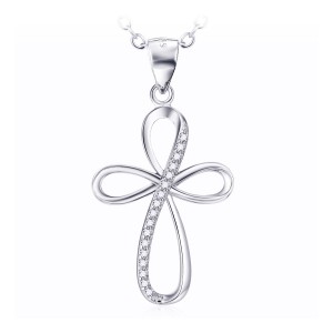 Silver curvy Cross with cubic zirconia stones and chain