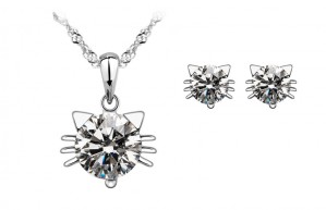 Pure 925 Sterling Silver Crystal Cat Necklace/Earrings