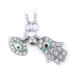 Silver Blue Evil Eye Hamsa Hand Fatima Palm Necklace