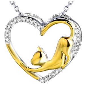 Sterlingsilberner Herzanhänger mit goldener Katze von Zirkoniasteinen umrandet