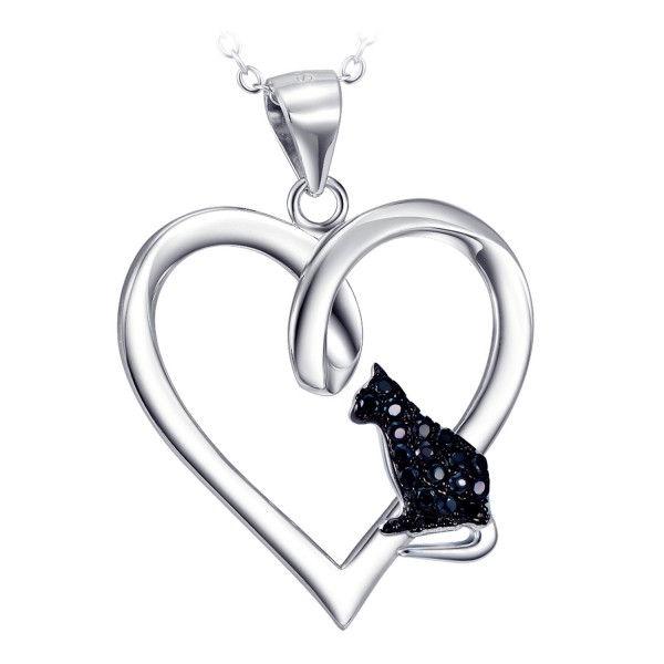Sterling Silver heart with cat in black Zirconia stones
