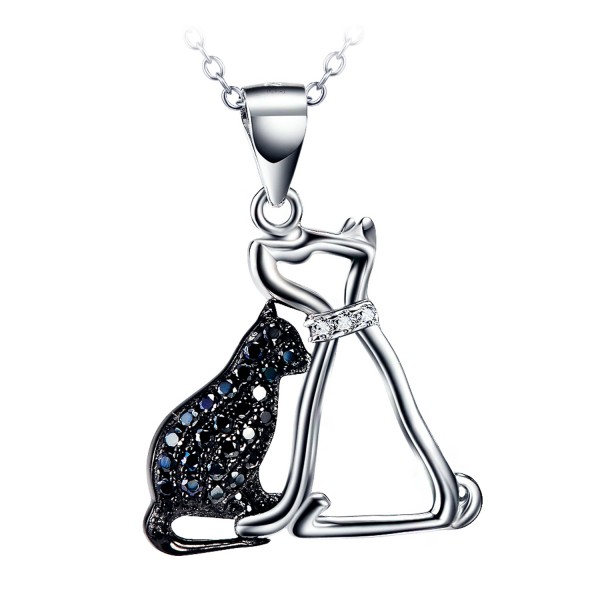 Silver Chain with a Pendant of a Black Zirconia Cat sitting next to a Dog with a small white Cubic Zirconia collar.