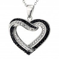Genuine Sterling Silver Heart Shaped Pendant Surrounded with Black and White Zinconia Gems