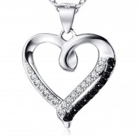 Genuine Sterling Silver Heart Shaped Pendant with Black and White Zinconia Gems
