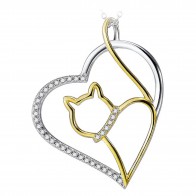Golden Cat in Silver Heart with Zirconia Stones with Chain necklace